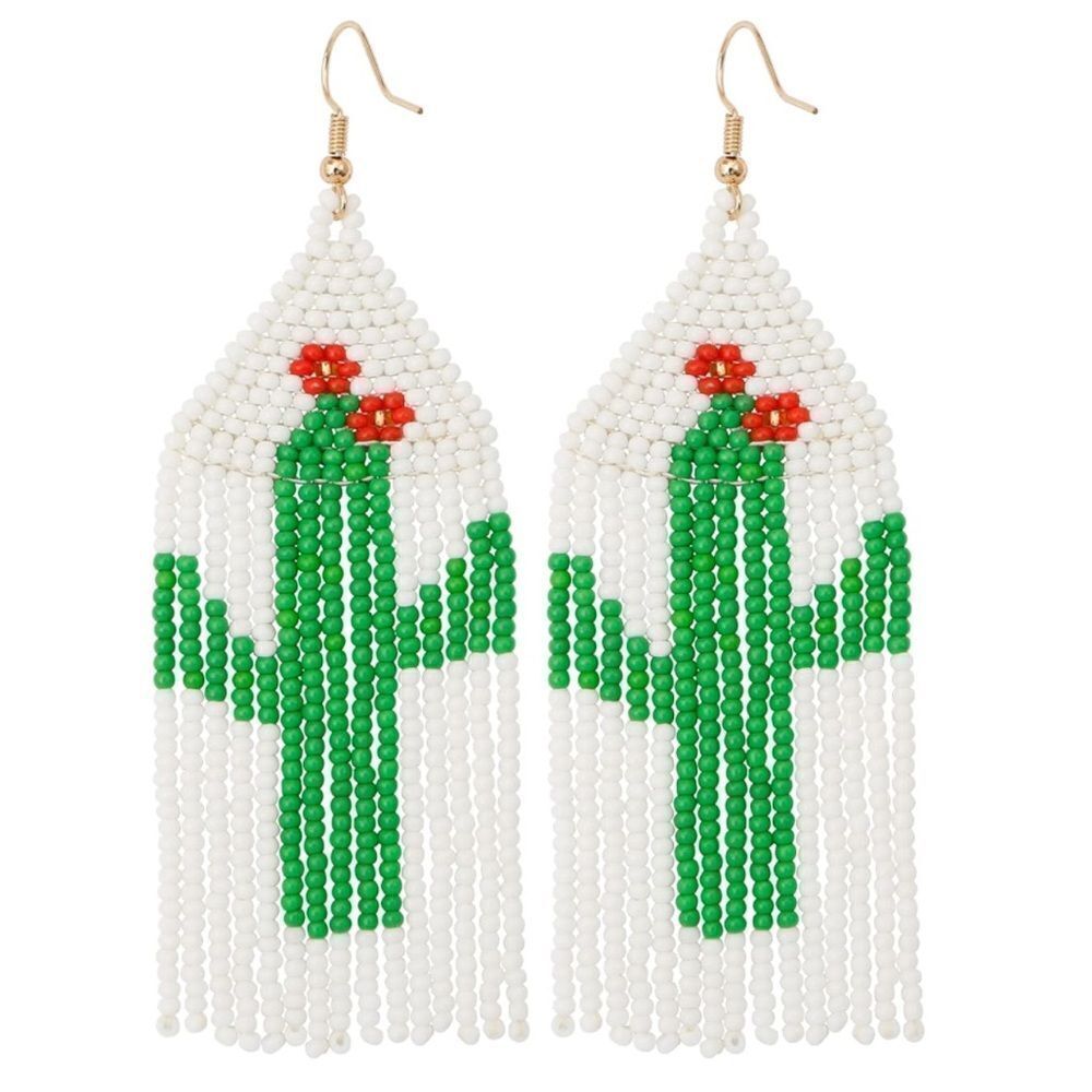 Desert Cactus Boho Seed Bead Tassel Dangling Statement French Wire Hook Earrings